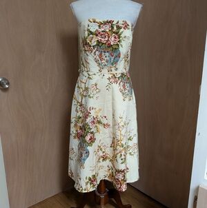 Moda International Strapless Floral Cream Dress with Blue & Pink Accents